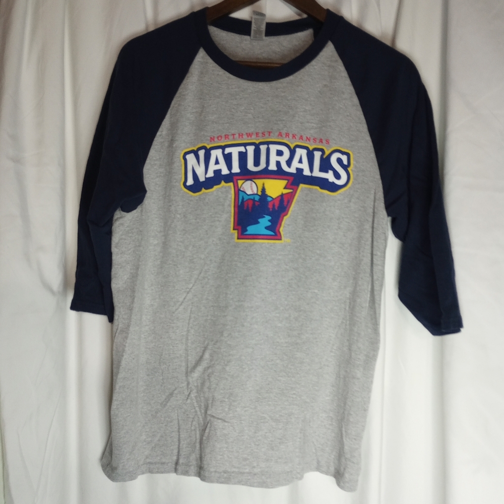 Medium NWA Arkansas Naturals Baseball Raglan Blood Donor Shirt Ozarks Navy Grey